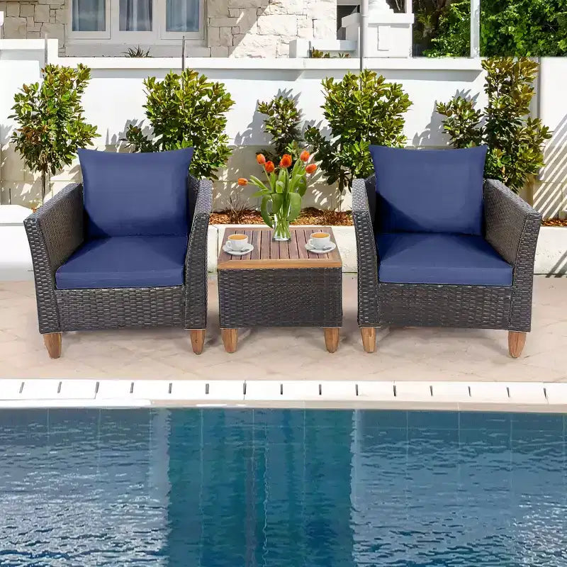 Costway Set Divano da Giardino in Rattan Intrecciato 3 Pezzi con Struttura in Legno di Acacia, Colore Grigio/Rosso/Turchese/Blu Marino/Nero/Marrone Misto