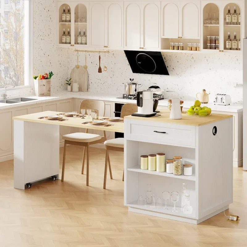 Isola da cucina in legno da 82,7 pollici per 4-6 persone, con tavolo da pranzo allungabile e spazio contenitore doppio