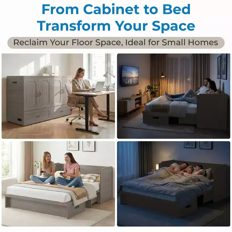 Letto armadio trasformabile Murphy Queen Size Mjkone con materasso, ricarica USB e cassetti contenitori