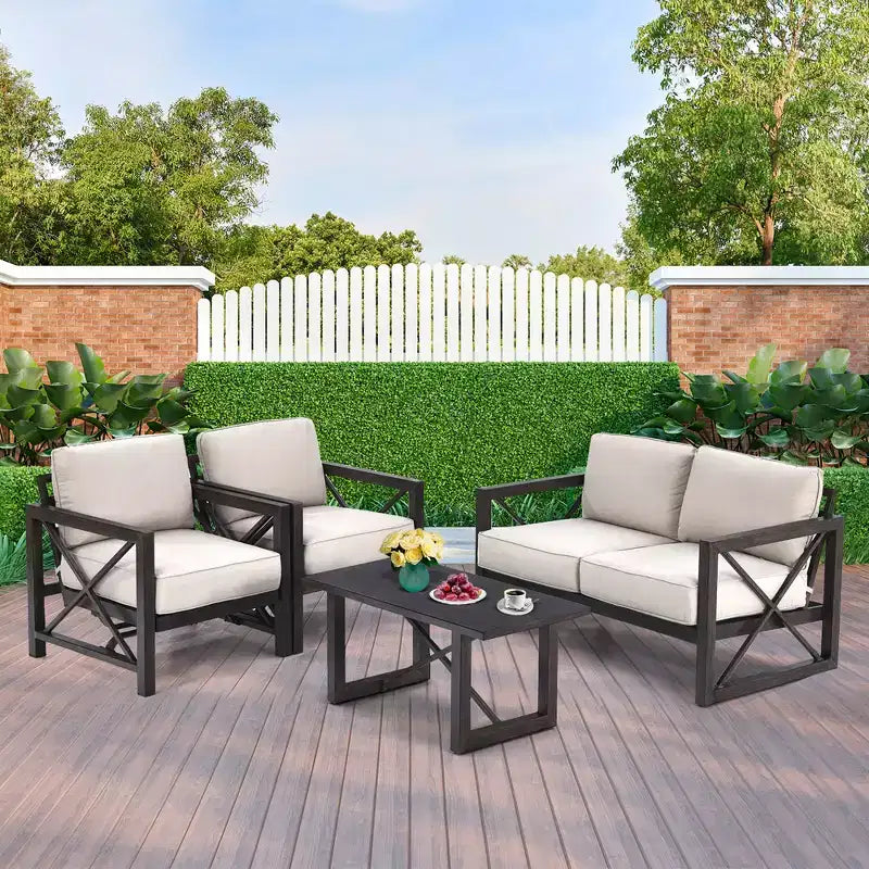 Costway Set 2 Pezzi Divanetto da Giardino e Tavolino da Caffè con Cuscini Spessi 6'' Beige