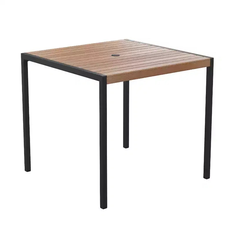 Emma and Oliver Set Tavolo da Esterno 5 Pezzi - Sedie Impilabili in Finto Teak Sintetico - Tavolo in Finto Teak - Ombrellone con Base