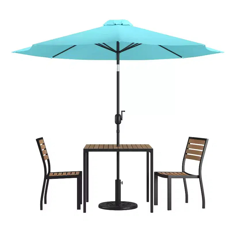 Emma and Oliver 5 Piece Patio Table Set - Synthetic Faux Teak Stackable Chairs - Faux Teak Table - Umbrella with Base