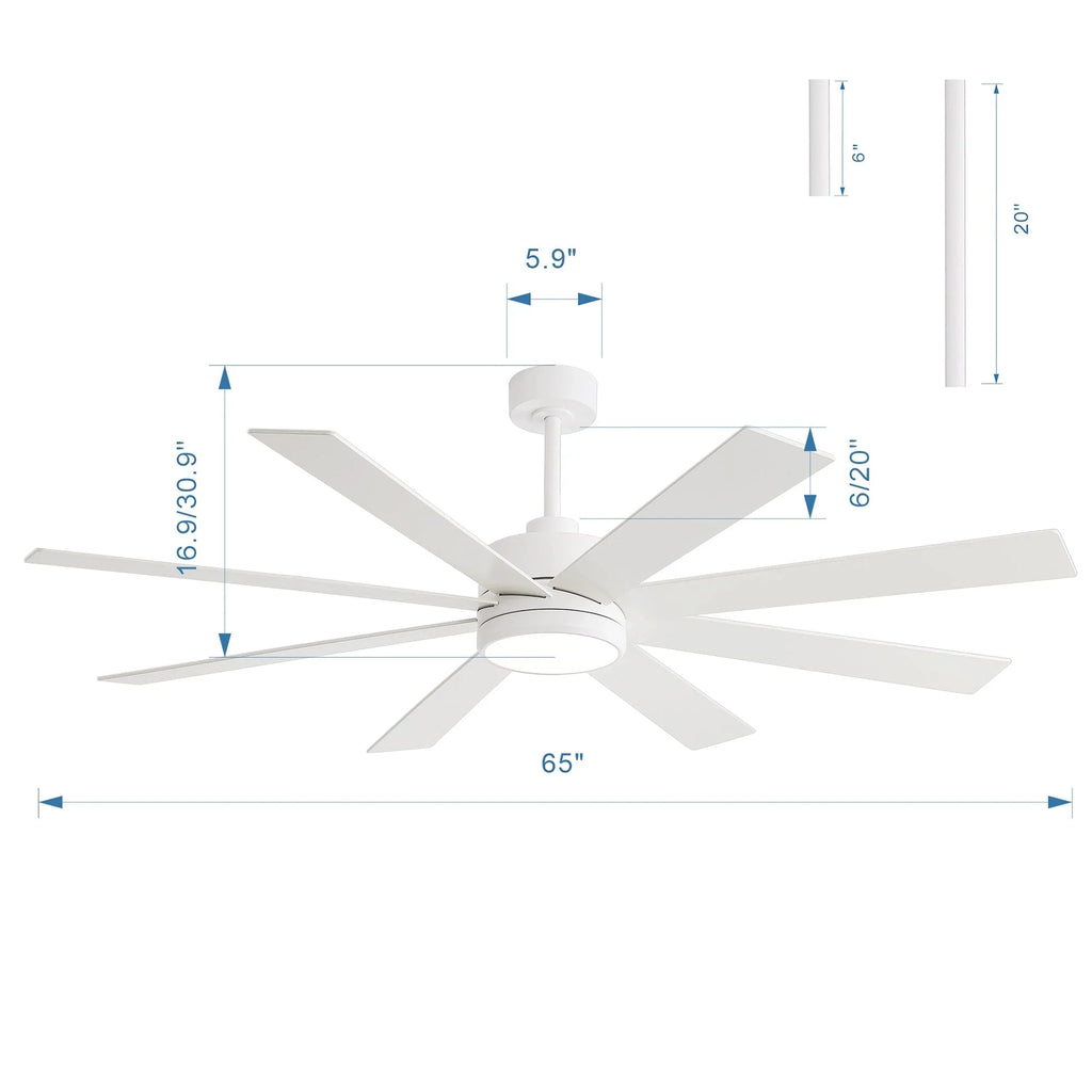 Ventilatore da soffitto nero da 65 pollici con 8 pale, LED, luce e telecomando