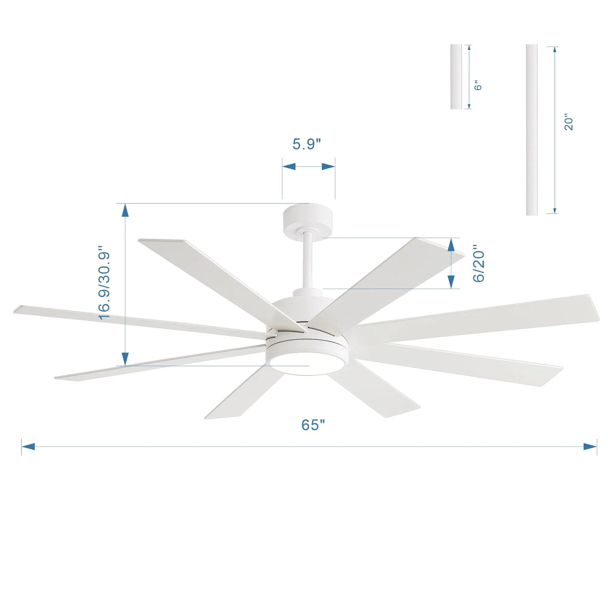 Ventilatore da soffitto nero da 65 pollici con 8 pale, LED, luce e telecomando
