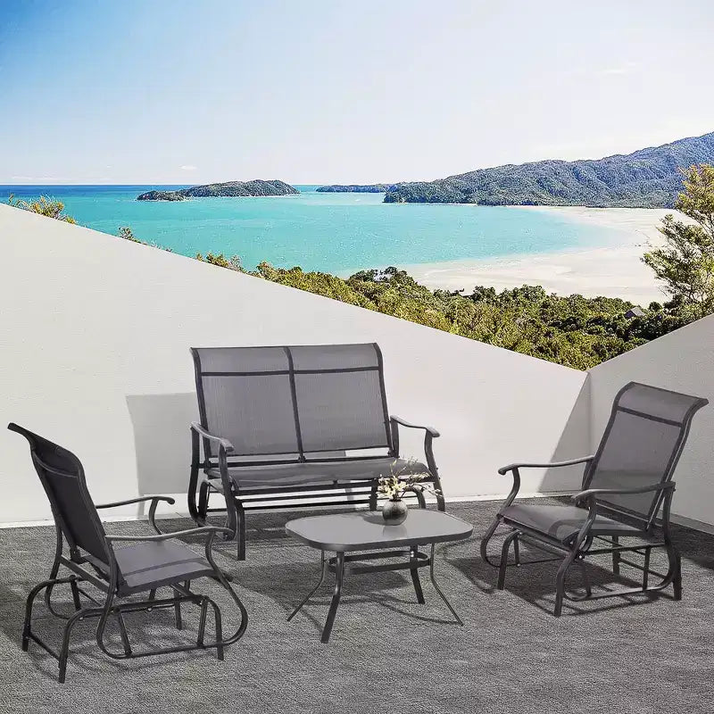 Outsunny Set di 4 Pezzi con Dondoli, Salotto da Esterno con Panchina Dondolo a 2 Posti, Sedia Sling Singola e Tavolino da Caffè in Vetro, Nero