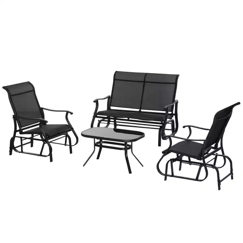 Outsunny Set di 4 Pezzi con Dondoli, Salotto da Esterno con Panchina Dondolo a 2 Posti, Sedia Sling Singola e Tavolino da Caffè in Vetro, Nero