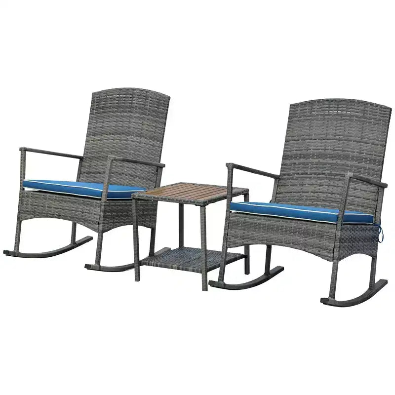 Outsunny Set 3 Pezzi di Sedie a Dondolo da Esterno in Rattan PE, Poltrone Reclinabili a Dondolo in Vimini per Patio con Morbidi Cuscini e Tavolino da Caffè con Piano in Legno Naturale, per Giardino, Cortile, Portico