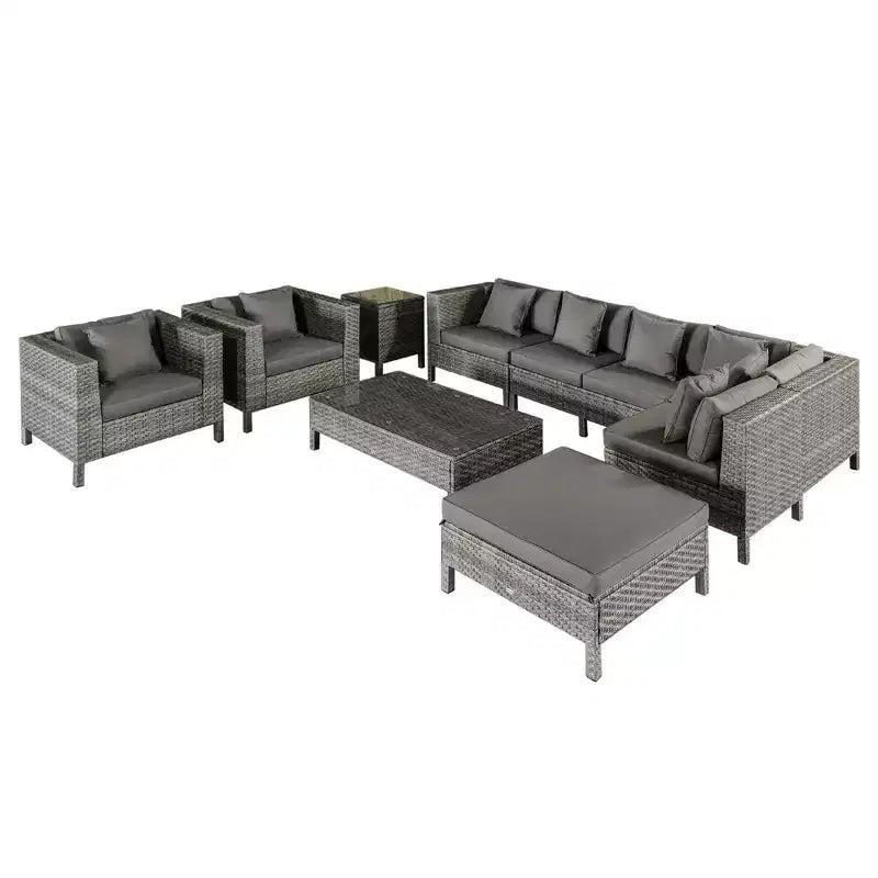 Outsunny Set di 9 Pezzi in Rattan da Esterno, con Divano Angolare, Ottomana e Tavolino, Cuscini Spessi e Morbidi, Colore Marrone