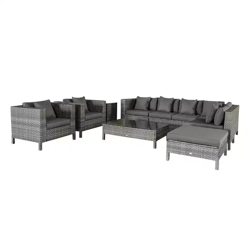 Outsunny Set di 9 Pezzi in Rattan da Esterno, con Divano Angolare, Ottomana e Tavolino, Cuscini Spessi e Morbidi, Colore Marrone