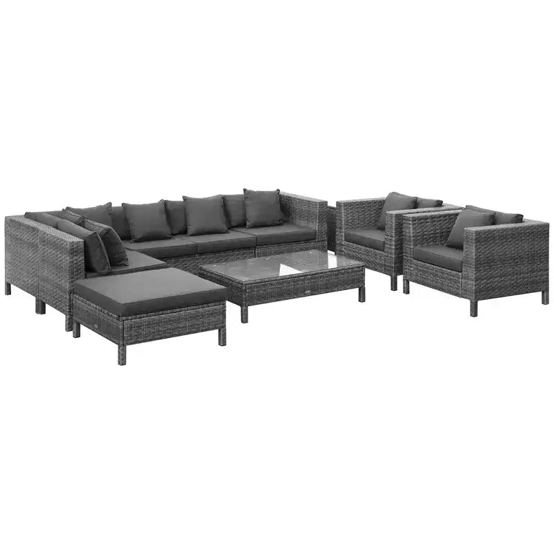 Outsunny Set di 9 Pezzi in Rattan da Esterno, con Divano Angolare, Ottomana e Tavolino, Cuscini Spessi e Morbidi, Colore Marrone
