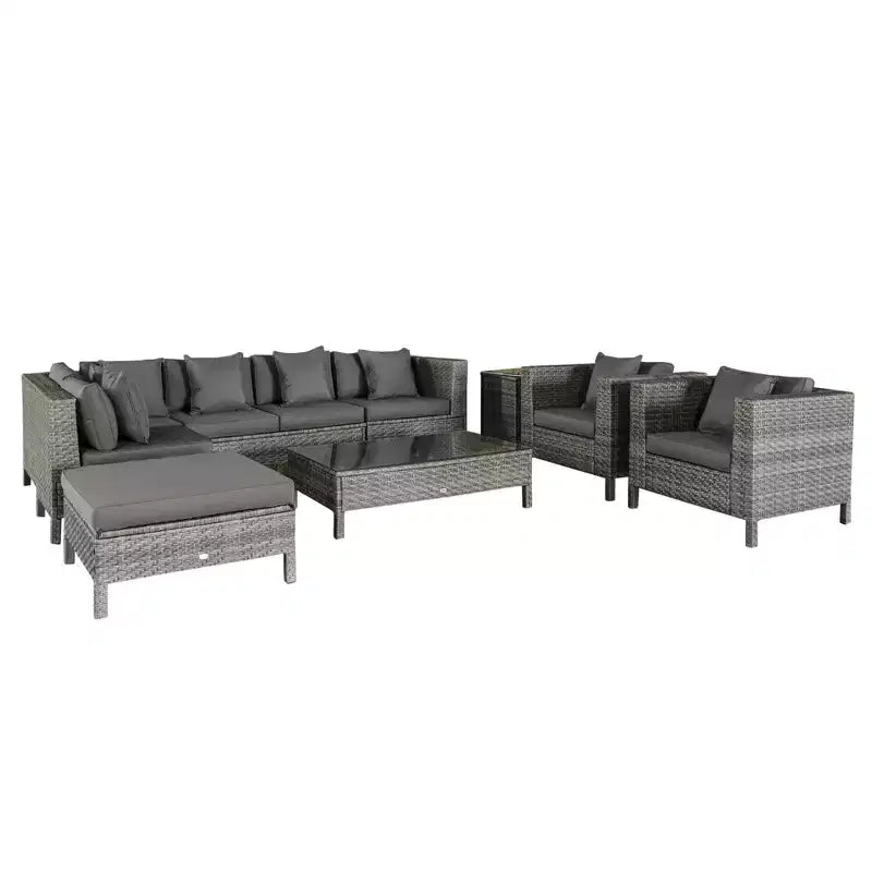 Outsunny Set di 9 Pezzi in Rattan da Esterno, con Divano Angolare, Ottomana e Tavolino, Cuscini Spessi e Morbidi, Colore Marrone