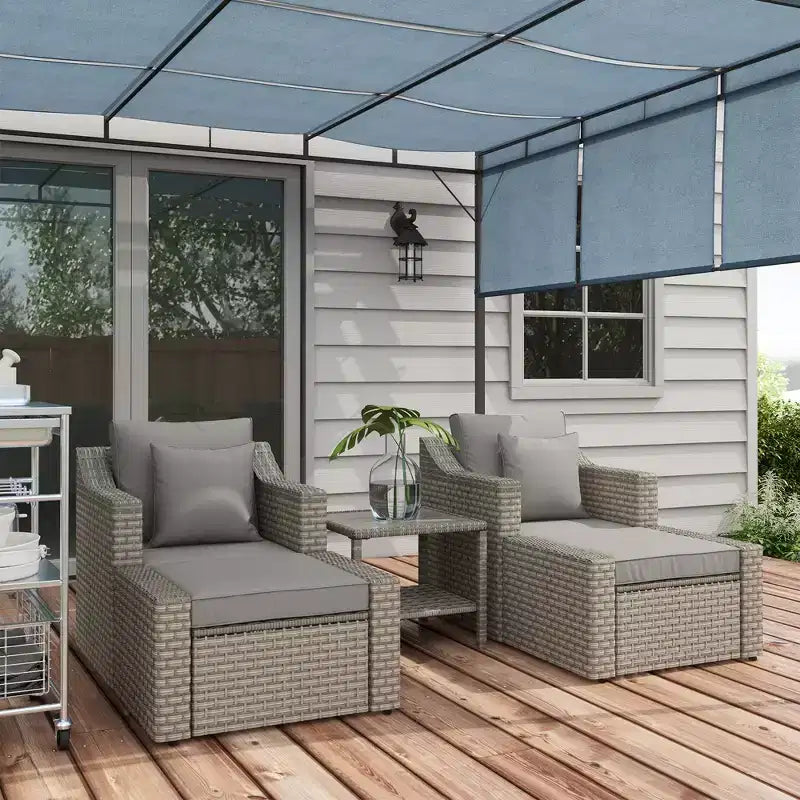 Outsunny Set Mobili da Giardino 5 Pezzi, Salottino da Esterno in Rattan PE per Tutte le Stagioni con Sedie, Poggiapiedi, Tavolino, Cuscini e Guanciali Inclusi