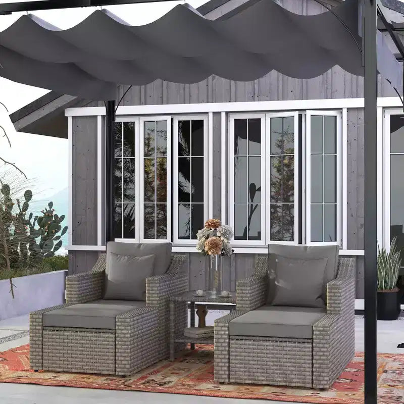 Outsunny Set Mobili da Giardino 5 Pezzi, Salottino da Esterno in Rattan PE per Tutte le Stagioni con Sedie, Poggiapiedi, Tavolino, Cuscini e Guanciali Inclusi