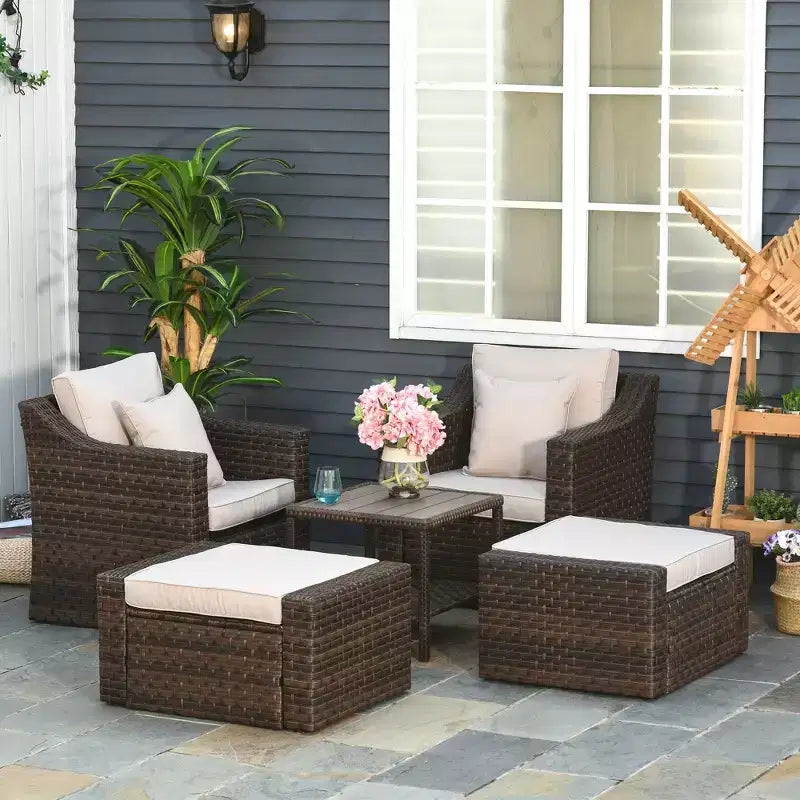 Outsunny Set Mobili da Giardino 5 Pezzi, Salottino da Esterno in Rattan PE per Tutte le Stagioni con Sedie, Poggiapiedi, Tavolino, Cuscini e Guanciali Inclusi