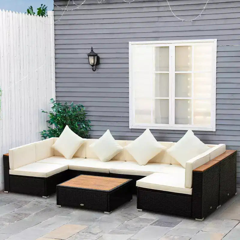 Set Divano da Esterno 7 Pezzi Outsunny, Mobili Componibili in Rattan PE con Tavolino da Caffè con Piano in Acacia e Cuscini, per Giardino e Cortile
