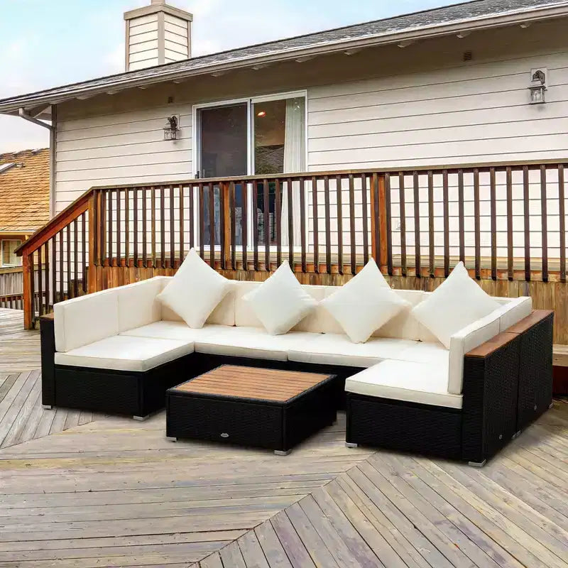 Set Divano da Esterno 7 Pezzi Outsunny, Mobili Componibili in Rattan PE con Tavolino da Caffè con Piano in Acacia e Cuscini, per Giardino e Cortile