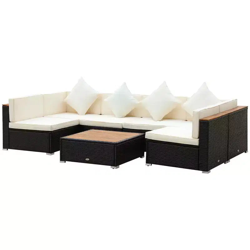 Set Divano da Esterno 7 Pezzi Outsunny, Mobili Componibili in Rattan PE con Tavolino da Caffè con Piano in Acacia e Cuscini, per Giardino e Cortile