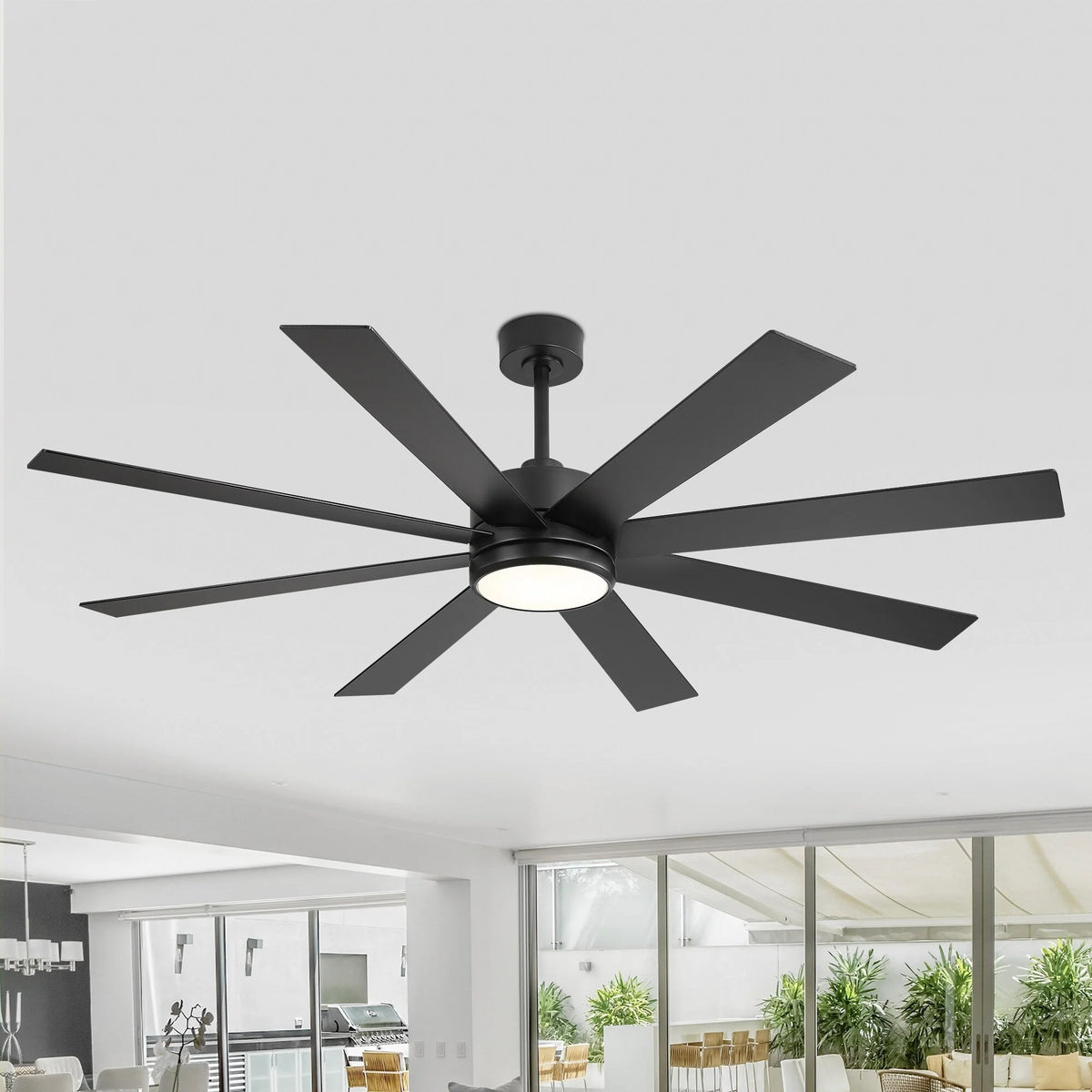 Ventilatore da soffitto nero da 65 pollici con 8 pale, LED, luce e telecomando