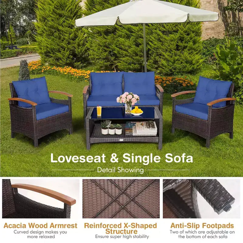 Costway Set di Mobili da Giardino in Rattan da 4 Pezzi, Divano Imbottito, Tavolo Contenitore