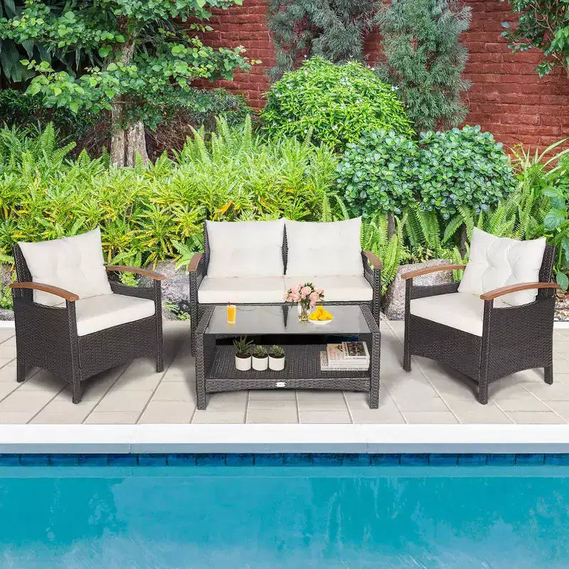 Costway Set di Mobili da Giardino in Rattan da 4 Pezzi, Divano Imbottito, Tavolo Contenitore