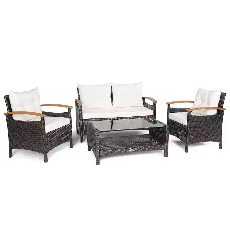 Costway Set di Mobili da Giardino in Rattan da 4 Pezzi, Divano Imbottito, Tavolo Contenitore