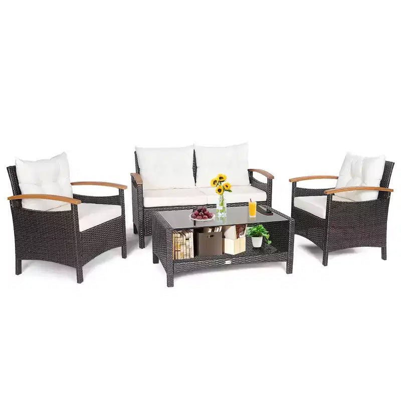 Costway Set di Mobili da Giardino in Rattan da 4 Pezzi, Divano Imbottito, Tavolo Contenitore