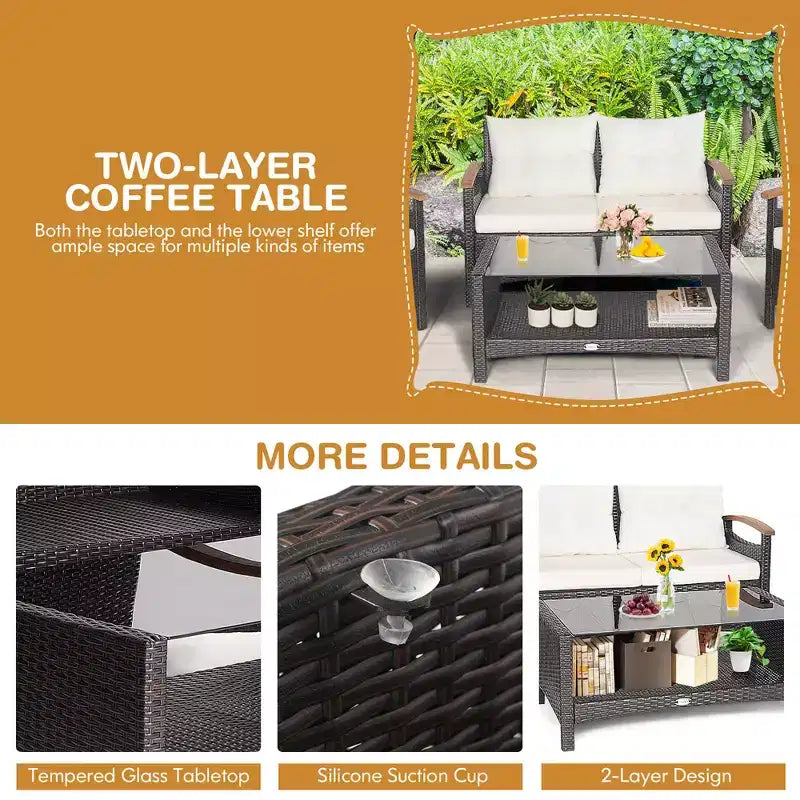Costway Set di Mobili da Giardino in Rattan da 4 Pezzi, Divano Imbottito, Tavolo Contenitore