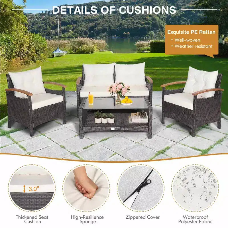 Costway Set di Mobili da Giardino in Rattan da 4 Pezzi, Divano Imbottito, Tavolo Contenitore