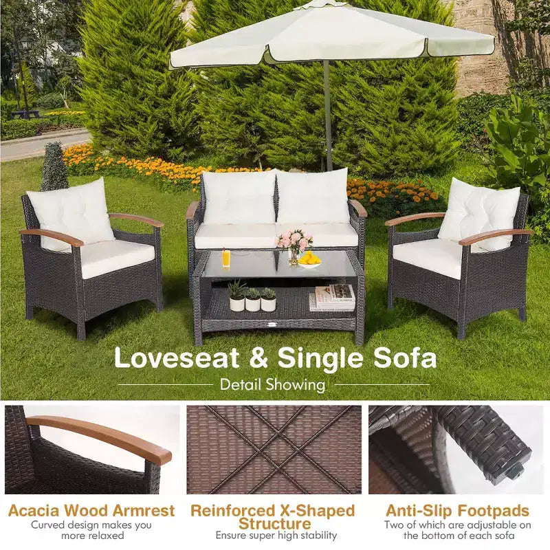 Costway Set di Mobili da Giardino in Rattan da 4 Pezzi, Divano Imbottito, Tavolo Contenitore
