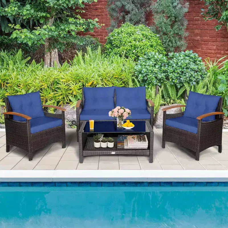 Costway Set di Mobili da Giardino in Rattan da 4 Pezzi, Divano Imbottito, Tavolo Contenitore