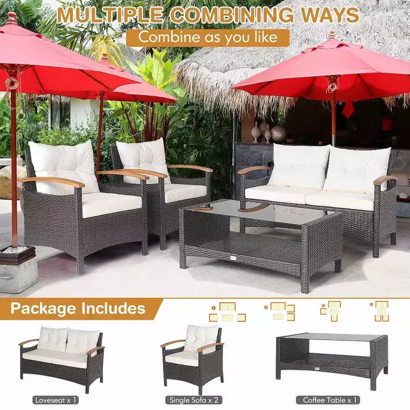 Costway Set di Mobili da Giardino in Rattan da 4 Pezzi, Divano Imbottito, Tavolo Contenitore