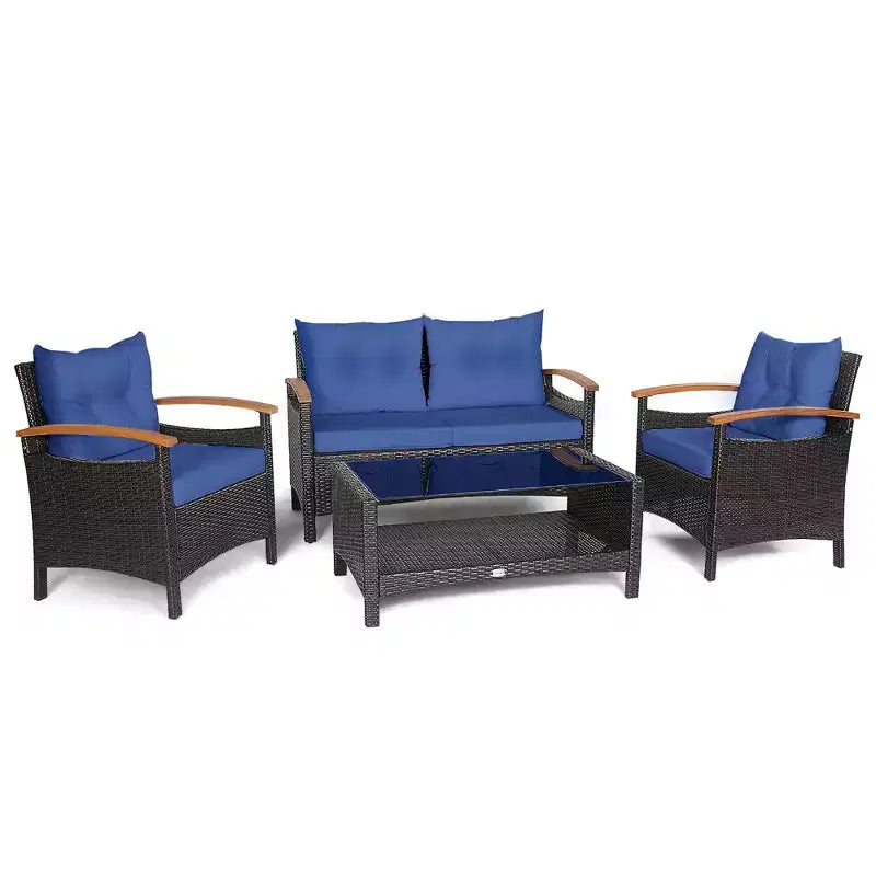 Costway Set di Mobili da Giardino in Rattan da 4 Pezzi, Divano Imbottito, Tavolo Contenitore