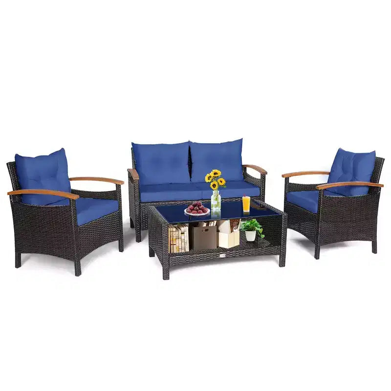 Costway Set di Mobili da Giardino in Rattan da 4 Pezzi, Divano Imbottito, Tavolo Contenitore