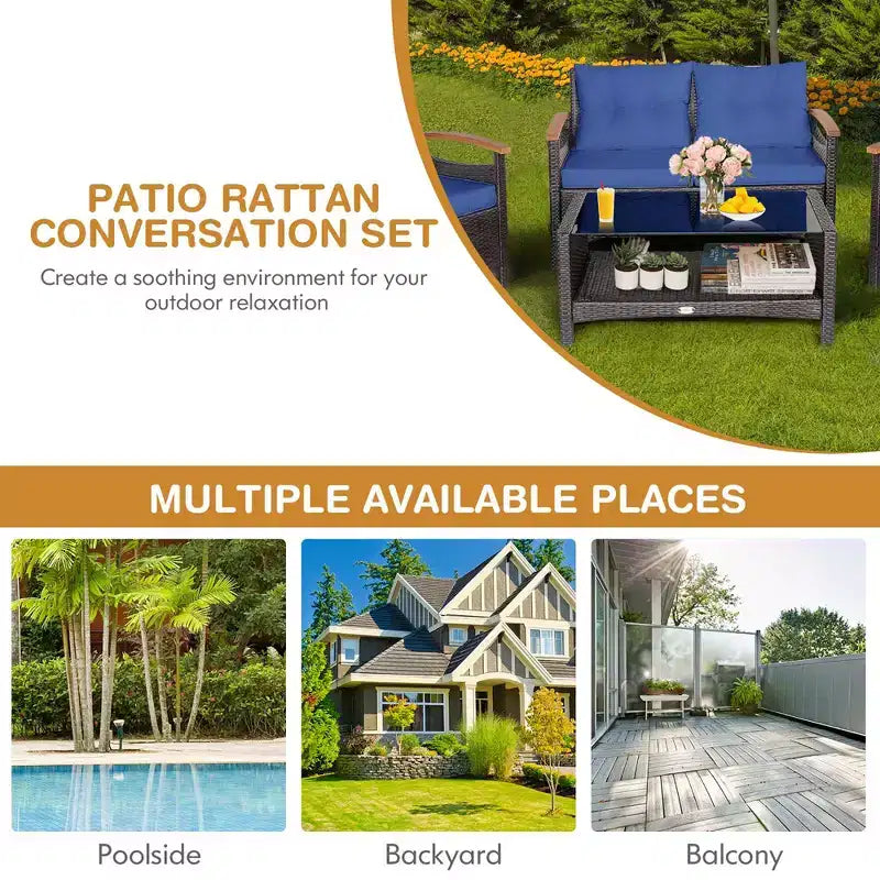 Costway Set di Mobili da Giardino in Rattan da 4 Pezzi, Divano Imbottito, Tavolo Contenitore