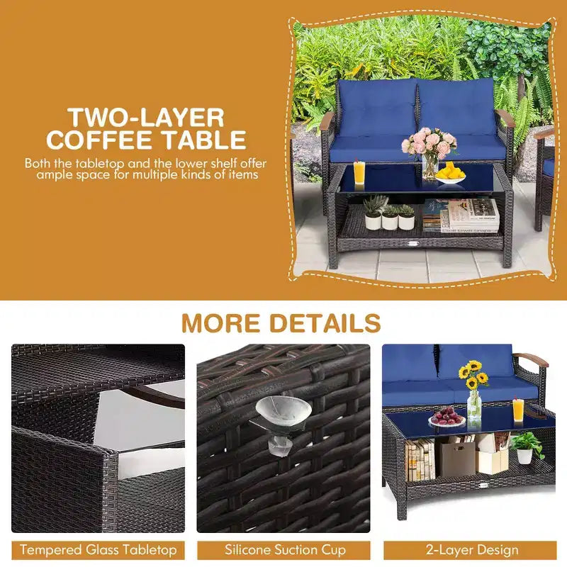 Costway Set di Mobili da Giardino in Rattan da 4 Pezzi, Divano Imbottito, Tavolo Contenitore