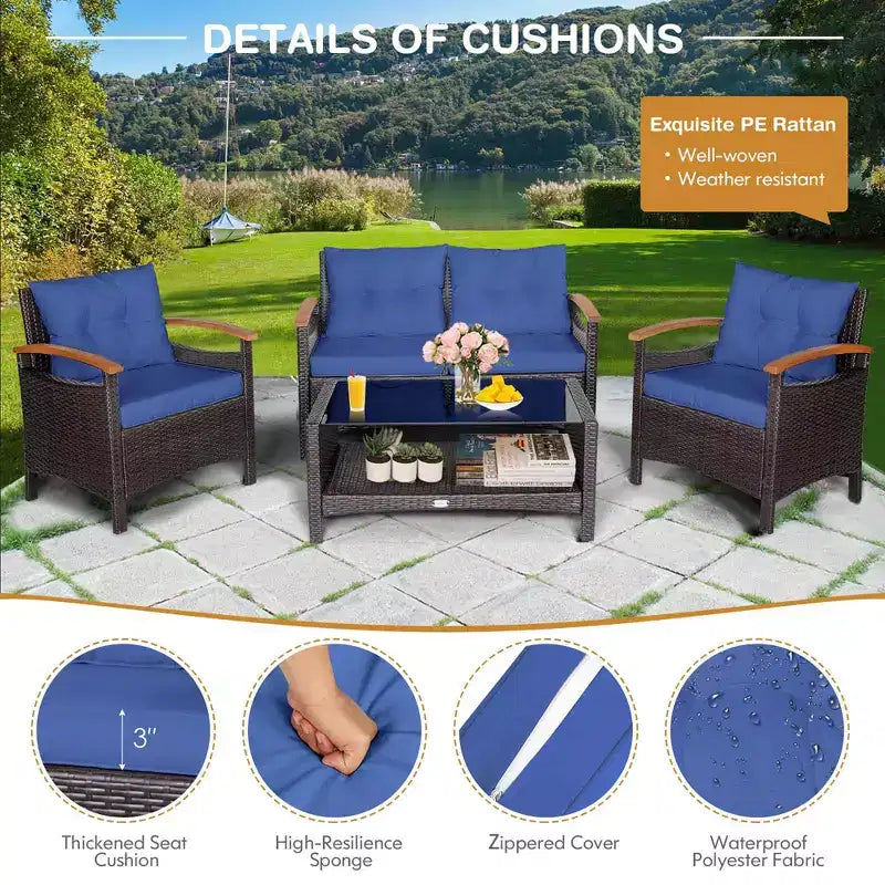 Costway Set di Mobili da Giardino in Rattan da 4 Pezzi, Divano Imbottito, Tavolo Contenitore