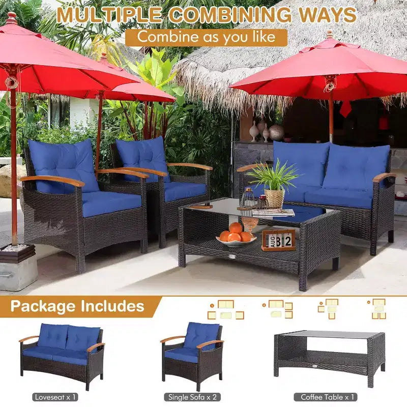 Costway Set di Mobili da Giardino in Rattan da 4 Pezzi, Divano Imbottito, Tavolo Contenitore