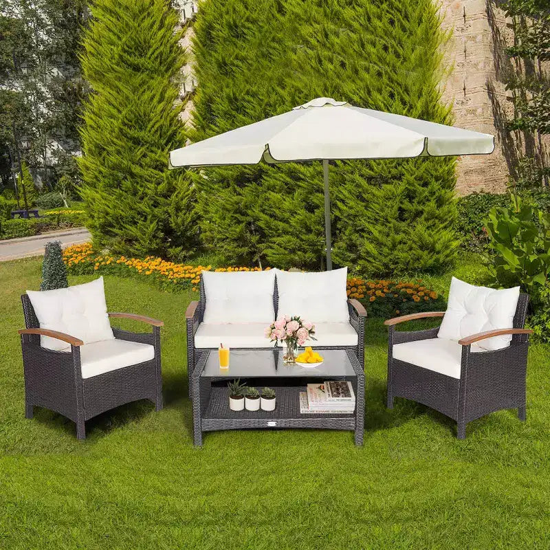 Costway Set di Mobili da Giardino in Rattan da 4 Pezzi, Divano Imbottito, Tavolo Contenitore