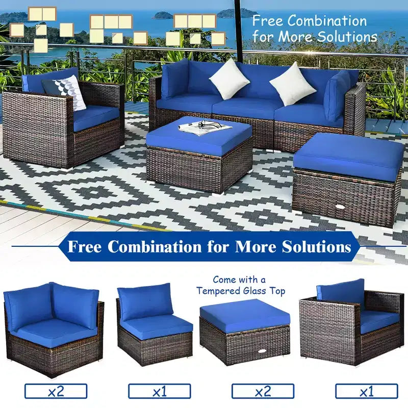 Costway Set di mobili da giardino in rattan 6 pezzi Divano Tavolino Pouf Blu navy