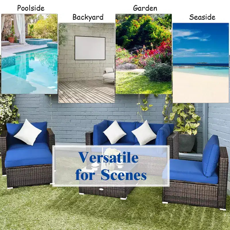 Costway Set di mobili da giardino in rattan 6 pezzi Divano Tavolino Pouf Blu navy