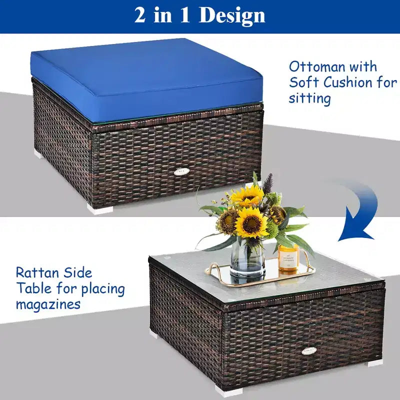 Costway Set di mobili da giardino in rattan 6 pezzi Divano Tavolino Pouf Blu navy