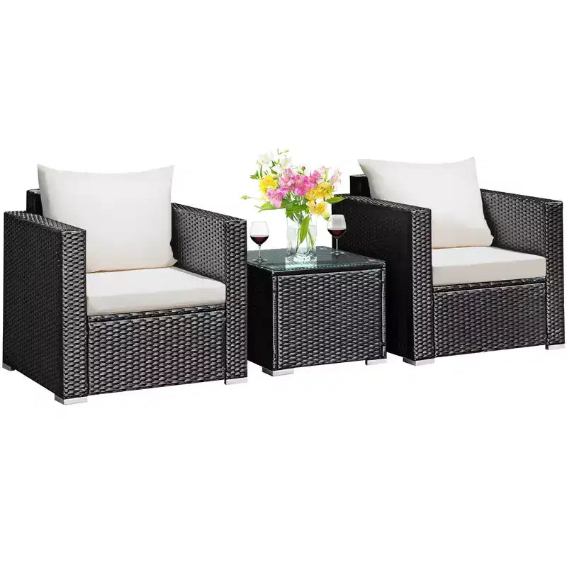 Costway Set Mobili da Giardino in Vimini 3 Pezzi con Divano in Rattan e Cuscini