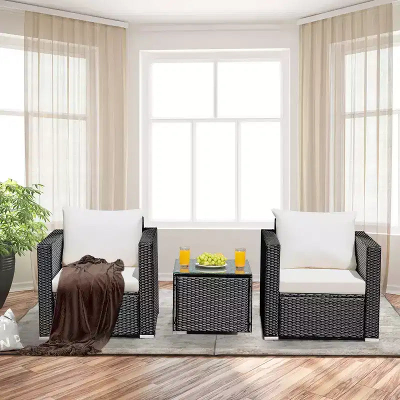Costway Set Mobili da Giardino in Vimini 3 Pezzi con Divano in Rattan e Cuscini