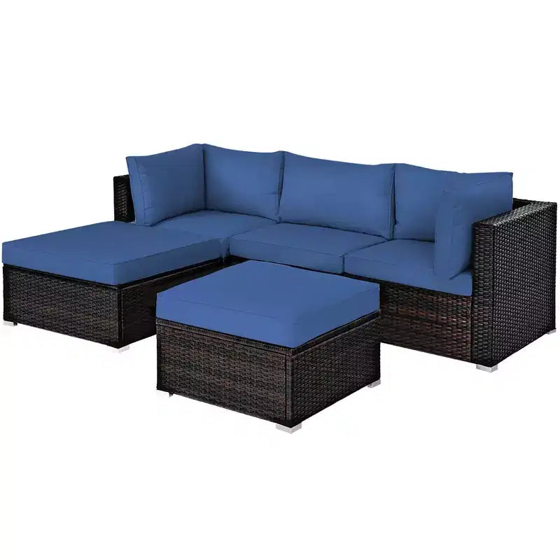 Costway Set Mobili da Esterno in Rattan 5 Pezzi Divano Angolare Tavolino Pouf Blu Scuro