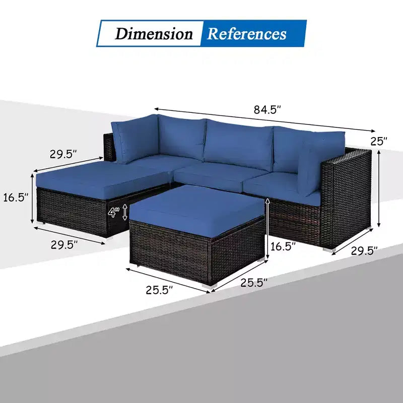 Costway Set Mobili da Esterno in Rattan 5 Pezzi Divano Angolare Tavolino Pouf Blu Scuro