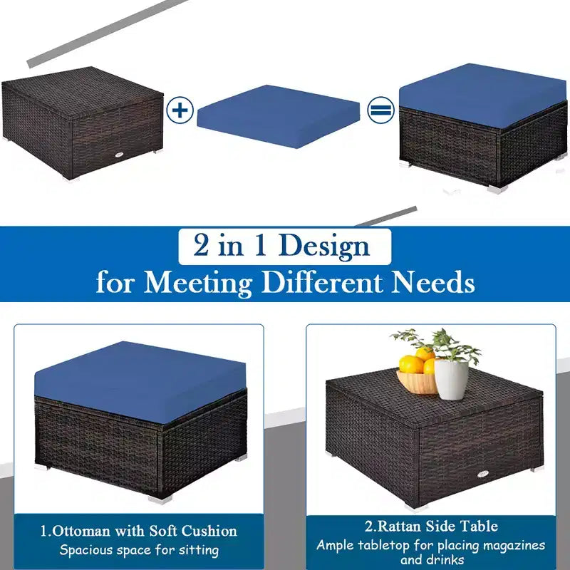 Costway Set Mobili da Esterno in Rattan 5 Pezzi Divano Angolare Tavolino Pouf Blu Scuro