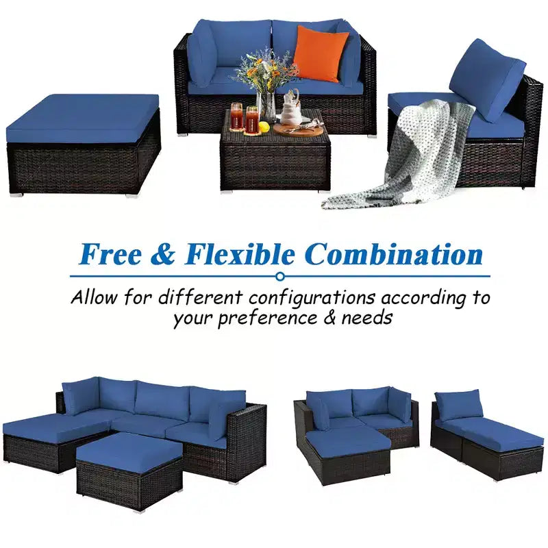 Costway Set Mobili da Esterno in Rattan 5 Pezzi Divano Angolare Tavolino Pouf Blu Scuro