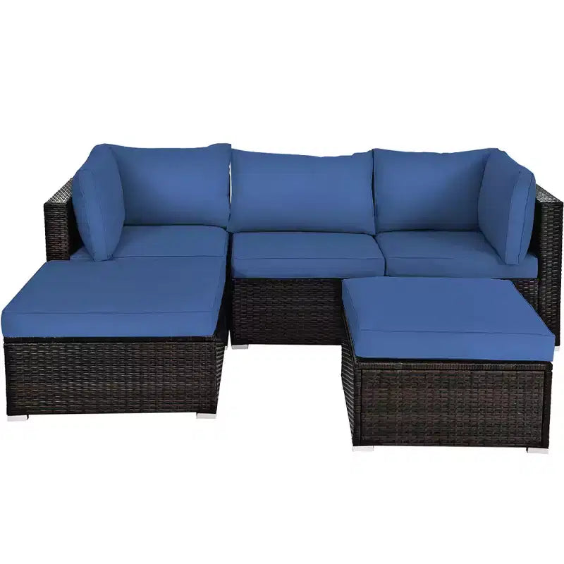 Costway Set Mobili da Esterno in Rattan 5 Pezzi Divano Angolare Tavolino Pouf Blu Scuro