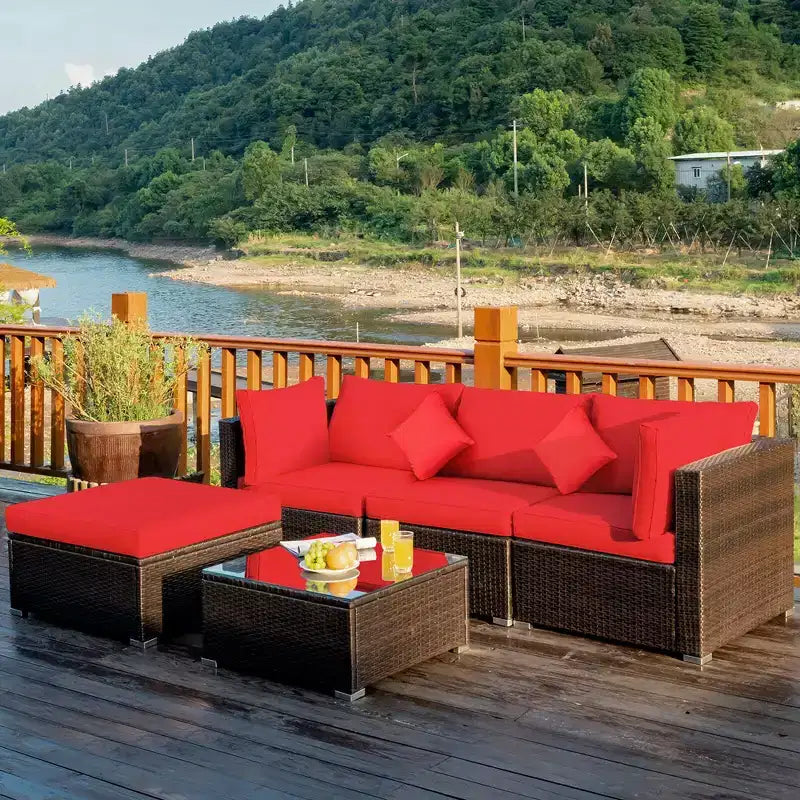 Costway Set 5 Pezzi Arredamento da Esterno in Rattan Set Sezionale da Conversazione con Cuscini Rossi