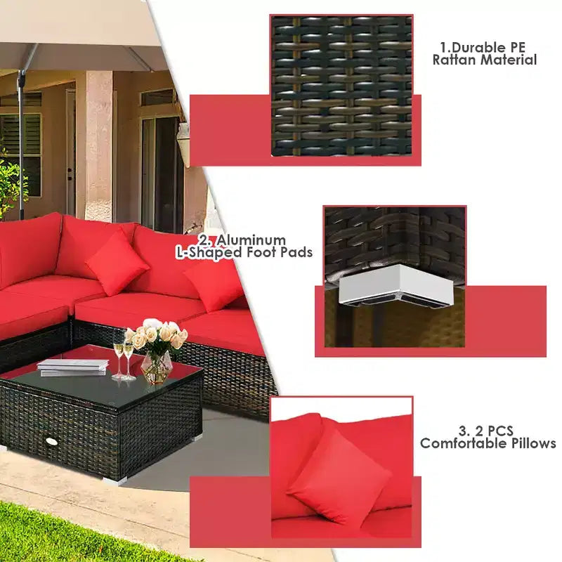 Costway Set 5 Pezzi Arredamento da Esterno in Rattan Set Sezionale da Conversazione con Cuscini Rossi